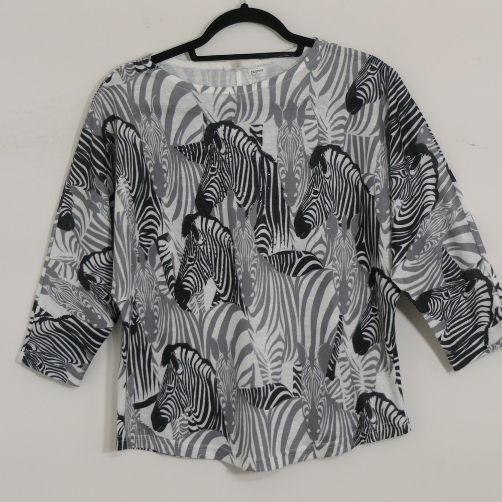 Milano Womens Top M Black White Zebra Graphic Print Safari Rhinestone Sparkle